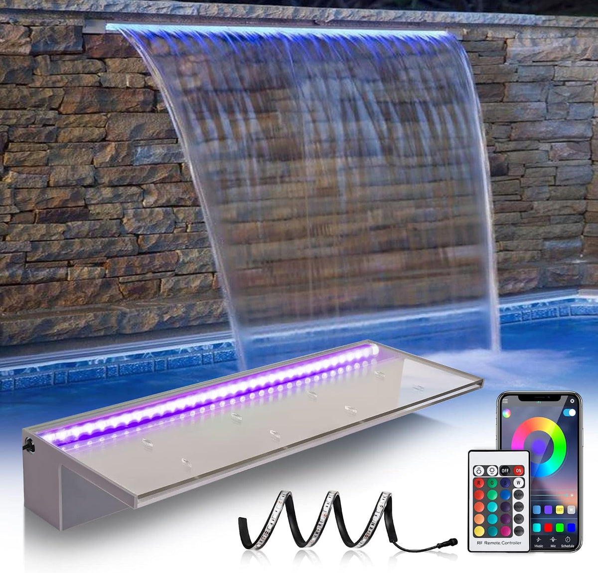 24'' APP Pool Waterfall with 16 Colors LED Lights, Acrylic Pond Fountain Set for Outdoor Decorations, Patio Waterfall