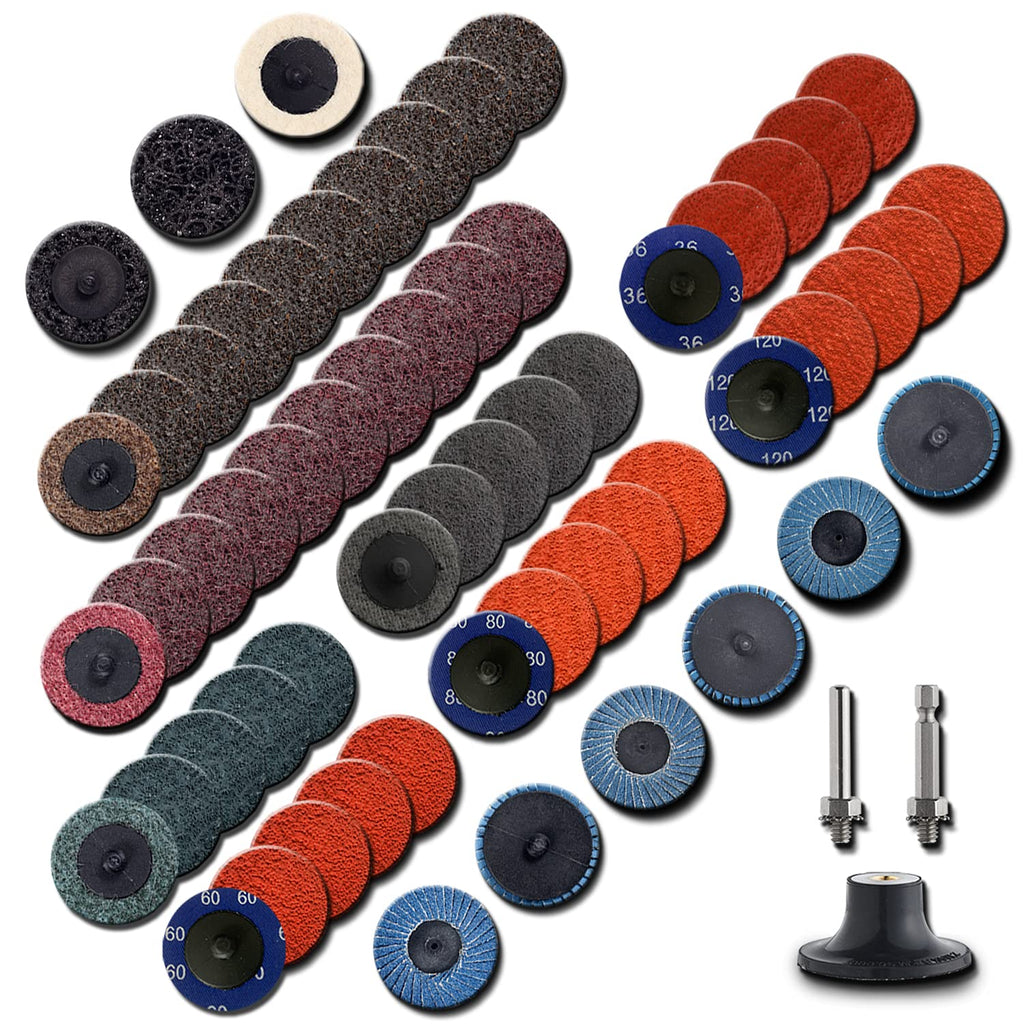 NYXCL 60Pcs 2 Inch Sanding Disc Set, Quick Change Disc Combination, 1/4 Inch Hold Fits Various Grinder. Widely Used for Surface Conditioning, Striping, Polishing, Finishing and Rust Paint Removal