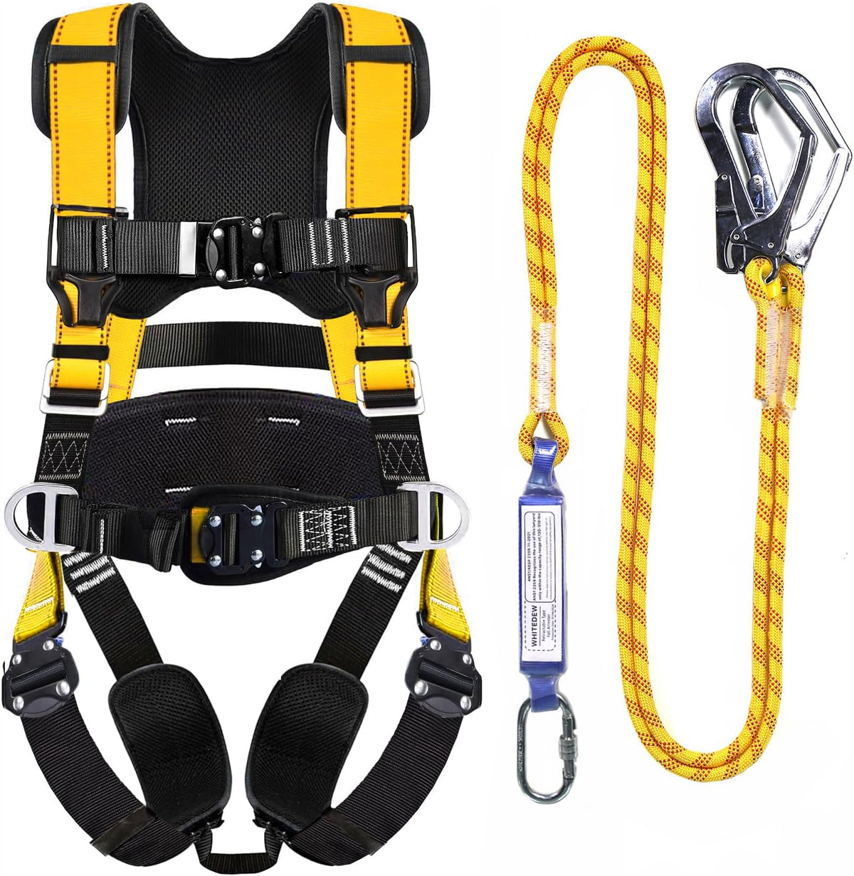 Fall Protection Premium Safety Harness with Shock Absorbing Lanyard, Vented & Padded Shoulder, Legs & Back - Upgrade