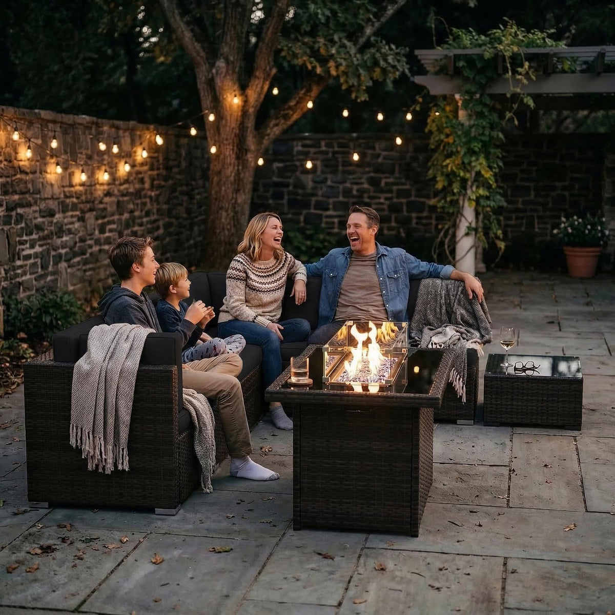8 Pieces Patio Furniture Set with 44" Propane Gas Fire Pit Table
