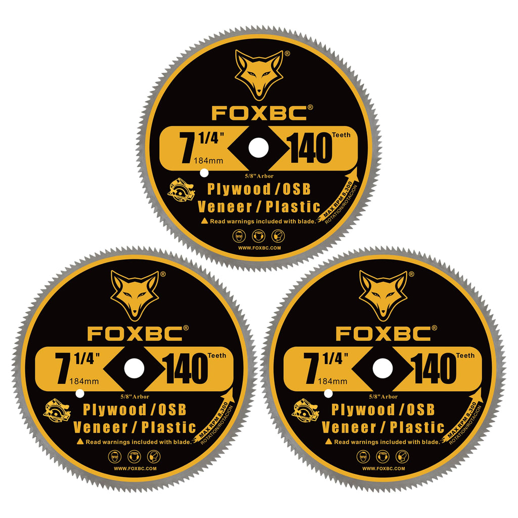 FOXBC 7-1/4 Inch 140 Tooth Fine Finish Carbon Circular Saw Blade for Plywood, OSB, Plastic, Veneer, Vinyl Wood Cutting with 5/8-Inch Diamond Arbor