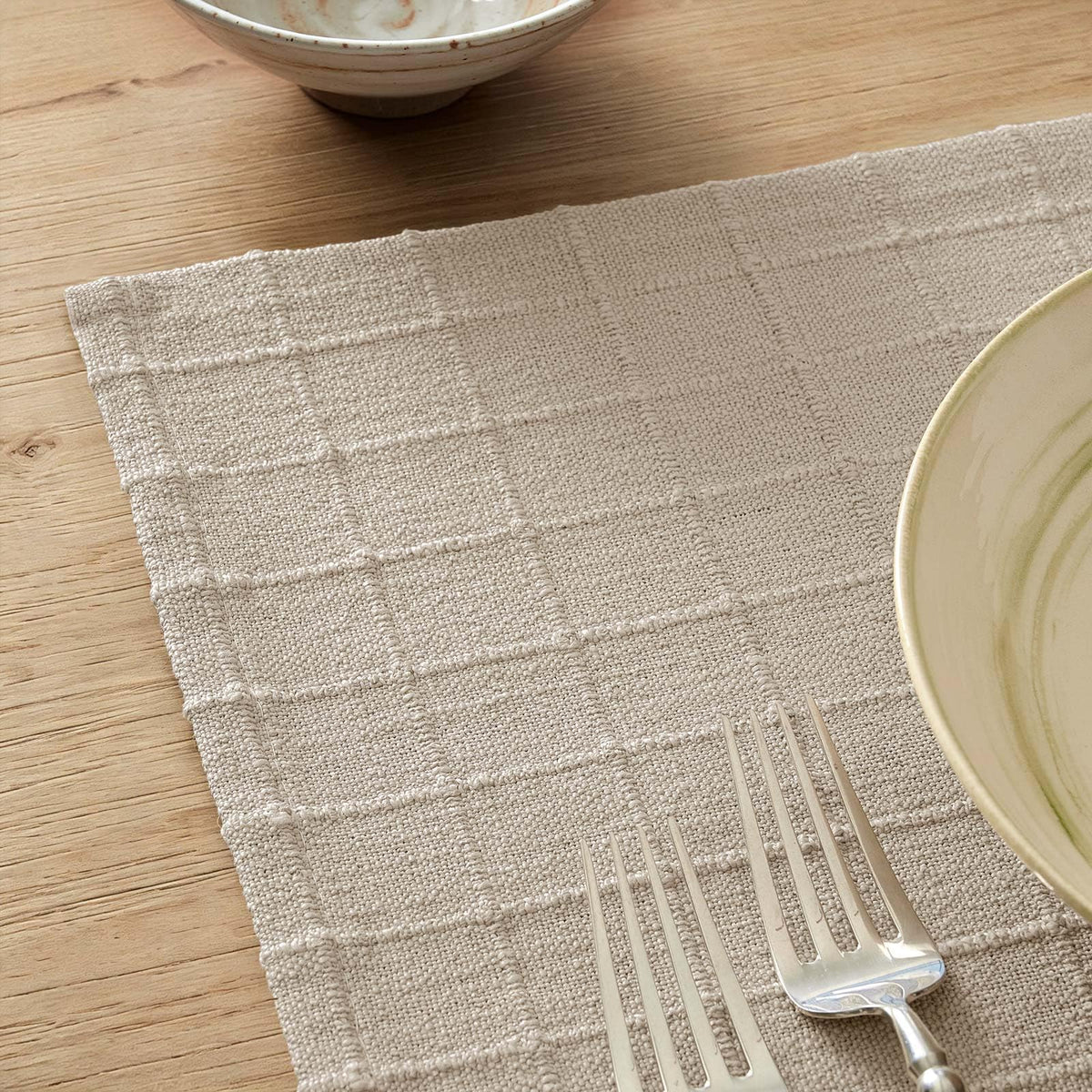 Artisanal Grid Decorative Linen Placemats Set of 6, Neutral Beige