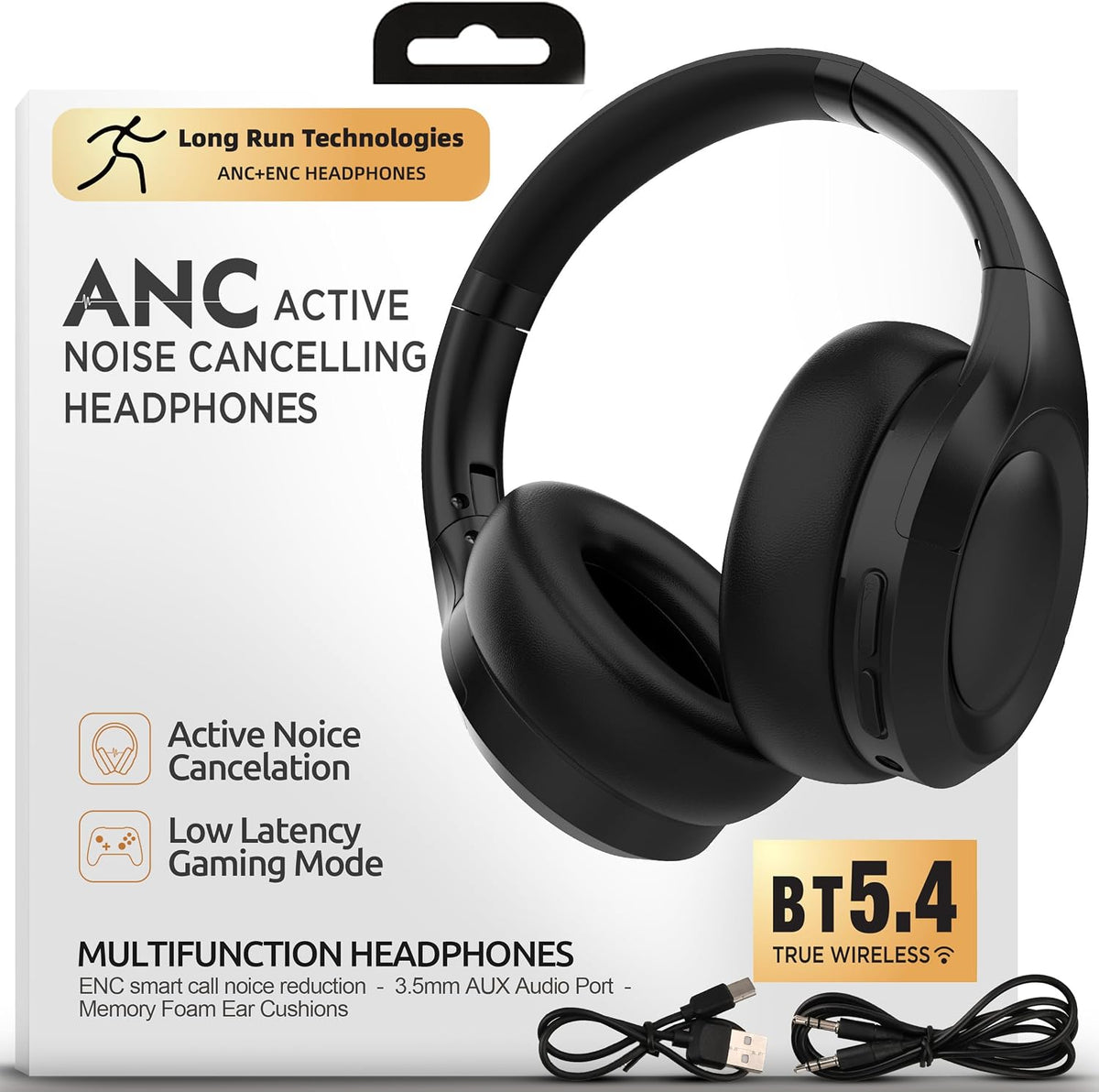 Active Noise Cancelling Headphones, Bluetooth Over Ear, Hi-Fi Stereo,100H Playback Time, High-Resolution Audio, Water