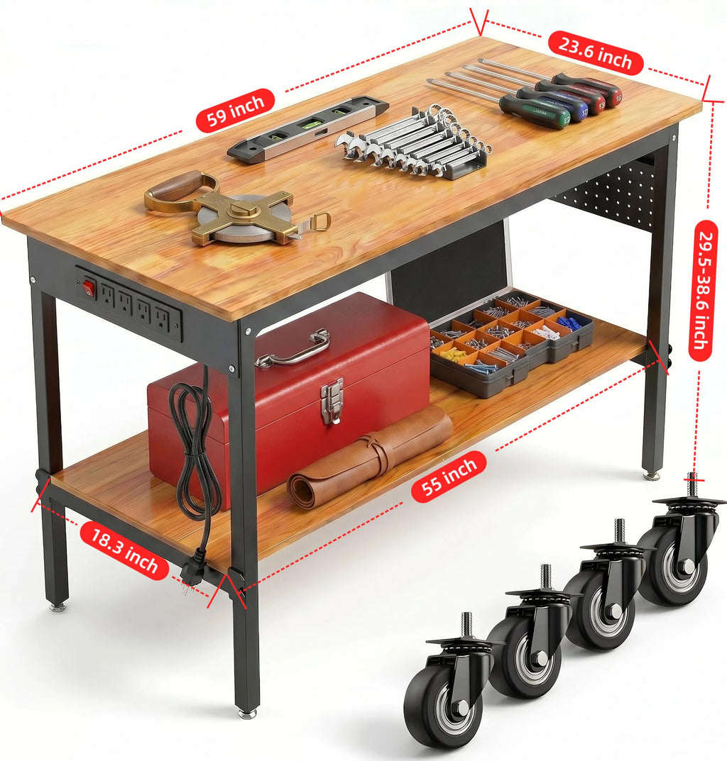 60 Inch Rolling Adjustable Workbench with Power Outlet