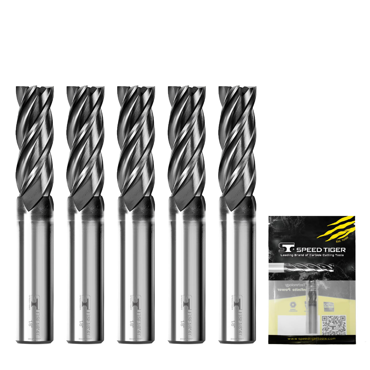 SPEED TIGER EISE 1/8" Carbide Square End Mill - 4 Flutes Milling Bits Set for Alloy Steels, Hardened Steels, Aluminum, Copper, Cast Iron, HRC 50 Deg AlTiN Coating, CNC Router Bits (5pcs)