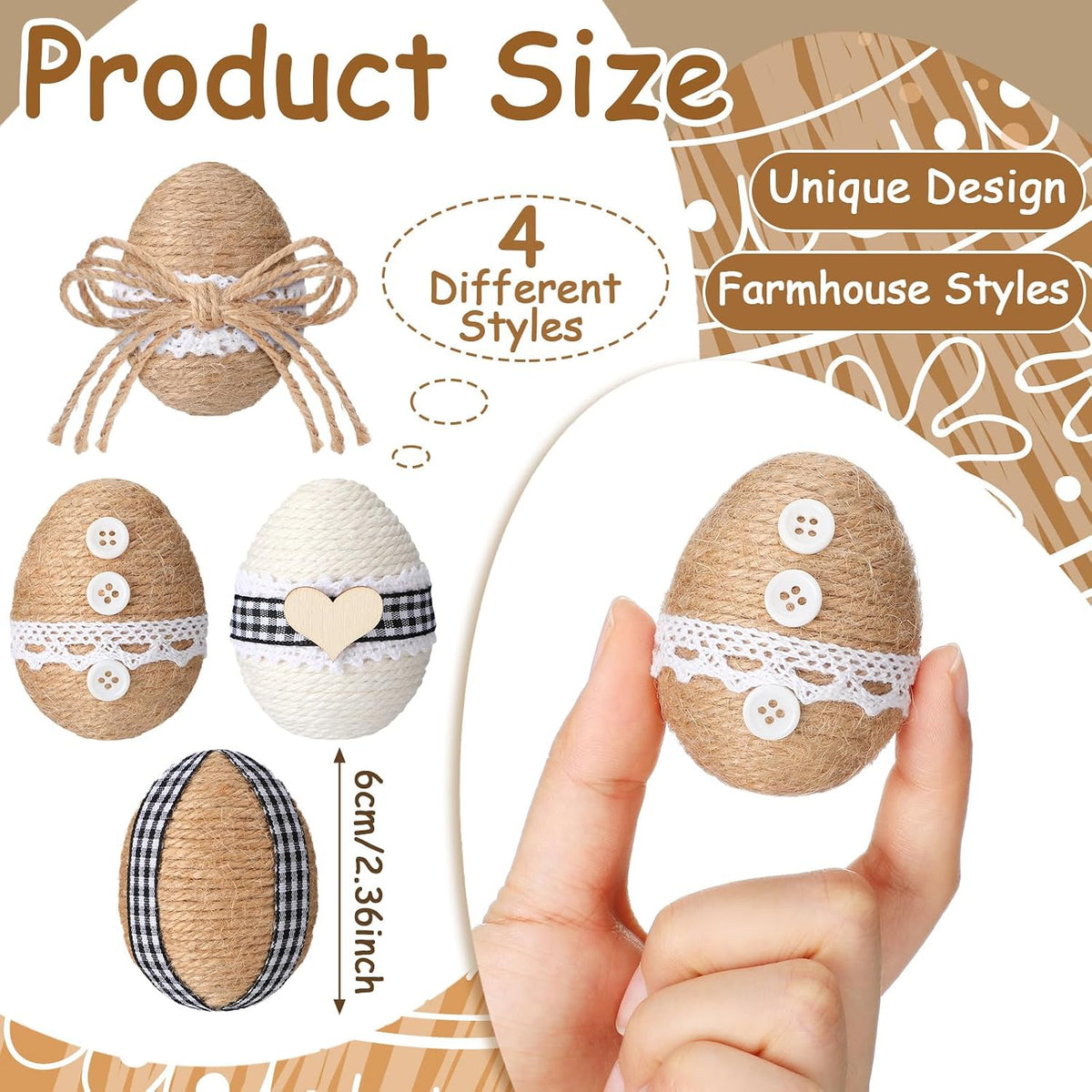 12 Pcs Rustic Farmhouse Easter Burlap Eggs Decoration Vintage Black and White Easter Eggs Ornaments Set Bowl Filler