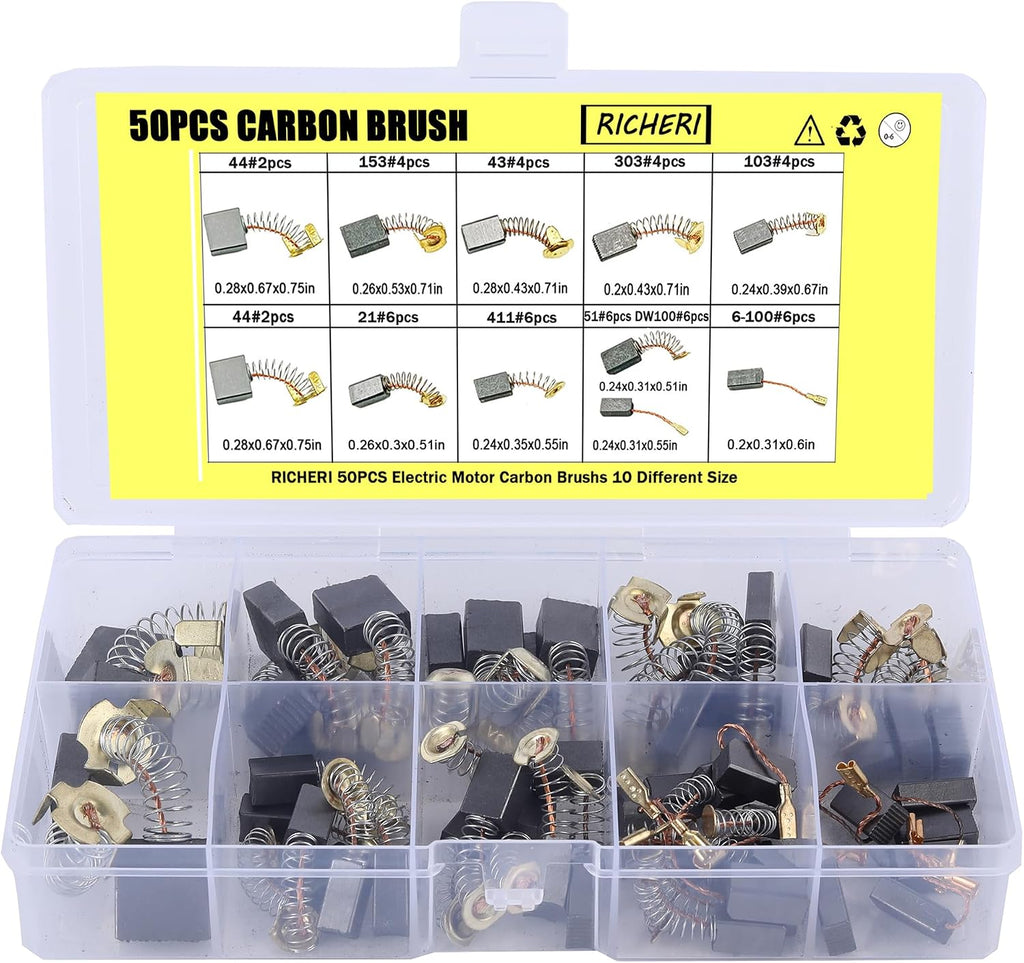50 Pcs Electric Motor Carbon Brushes 10 Different Sizes for Replacement Repair Power Tool Part