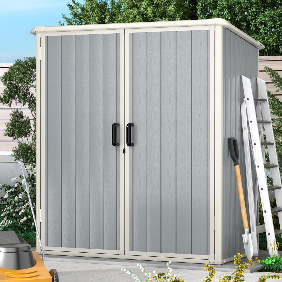 5 x 3Ft Resin Shed with Floor & Lockable Door, Grey | Outdoor storage cabinet fits garbage cans, garden tools and