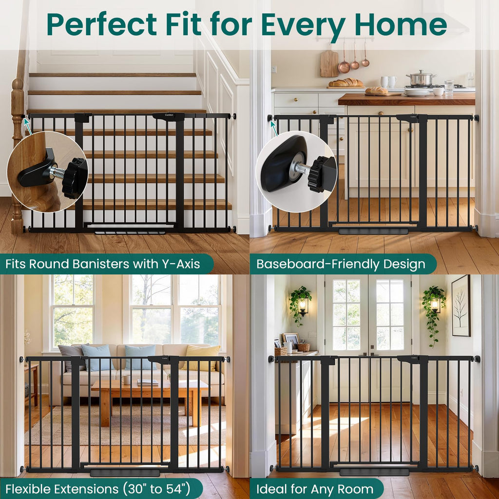 30-54" Extra-Wide Adjustable Hardware/Pressure-Mounted Pet & Child Safety Gate with Auto-Close Walk-Through Door for Stairs, Hallways & Wide Doorways — Black