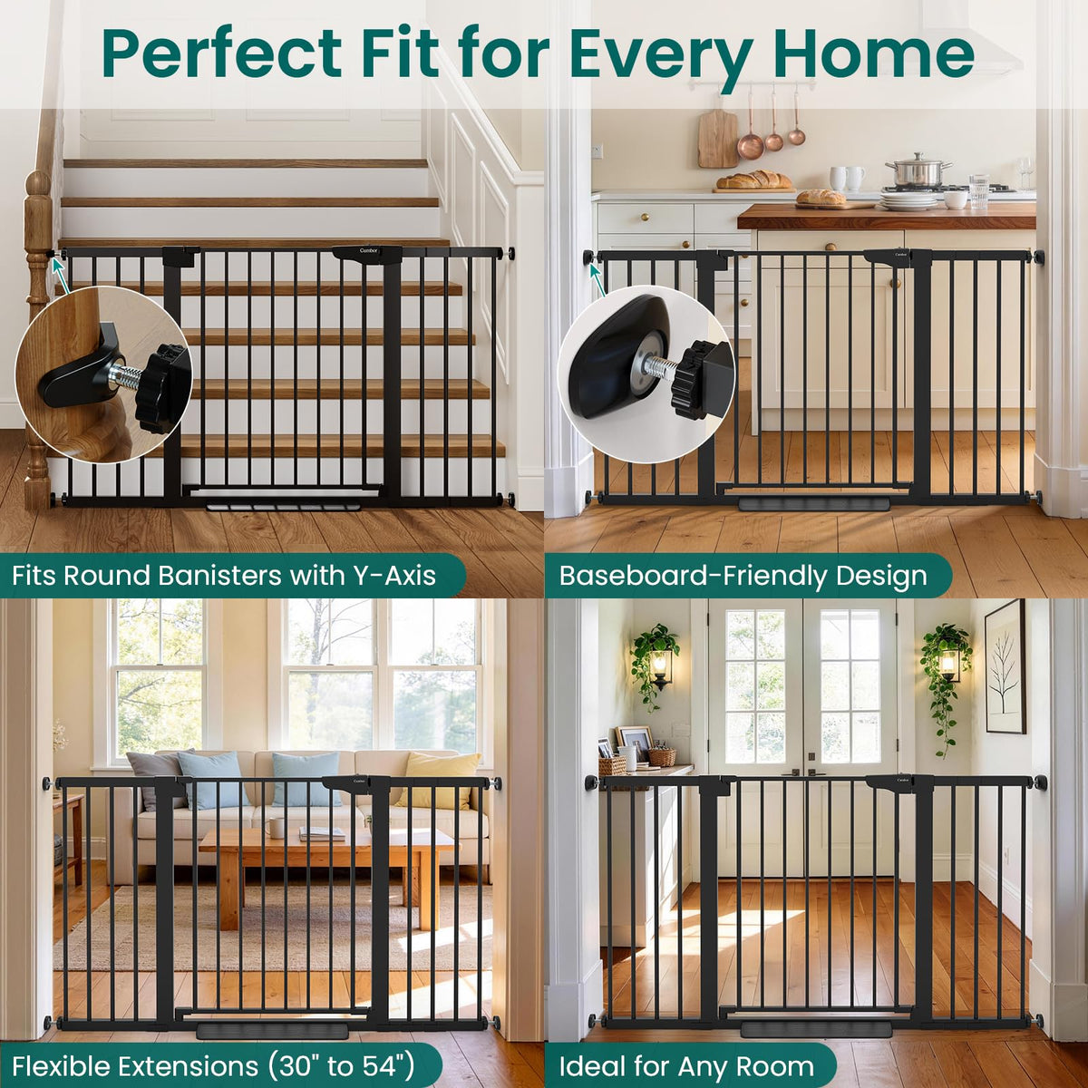 30-54" Extra-Wide Adjustable Hardware/Pressure-Mounted Pet & Child Safety Gate with Auto-Close Walk-Through Door for Stairs, Hallways & Wide Doorways — Black