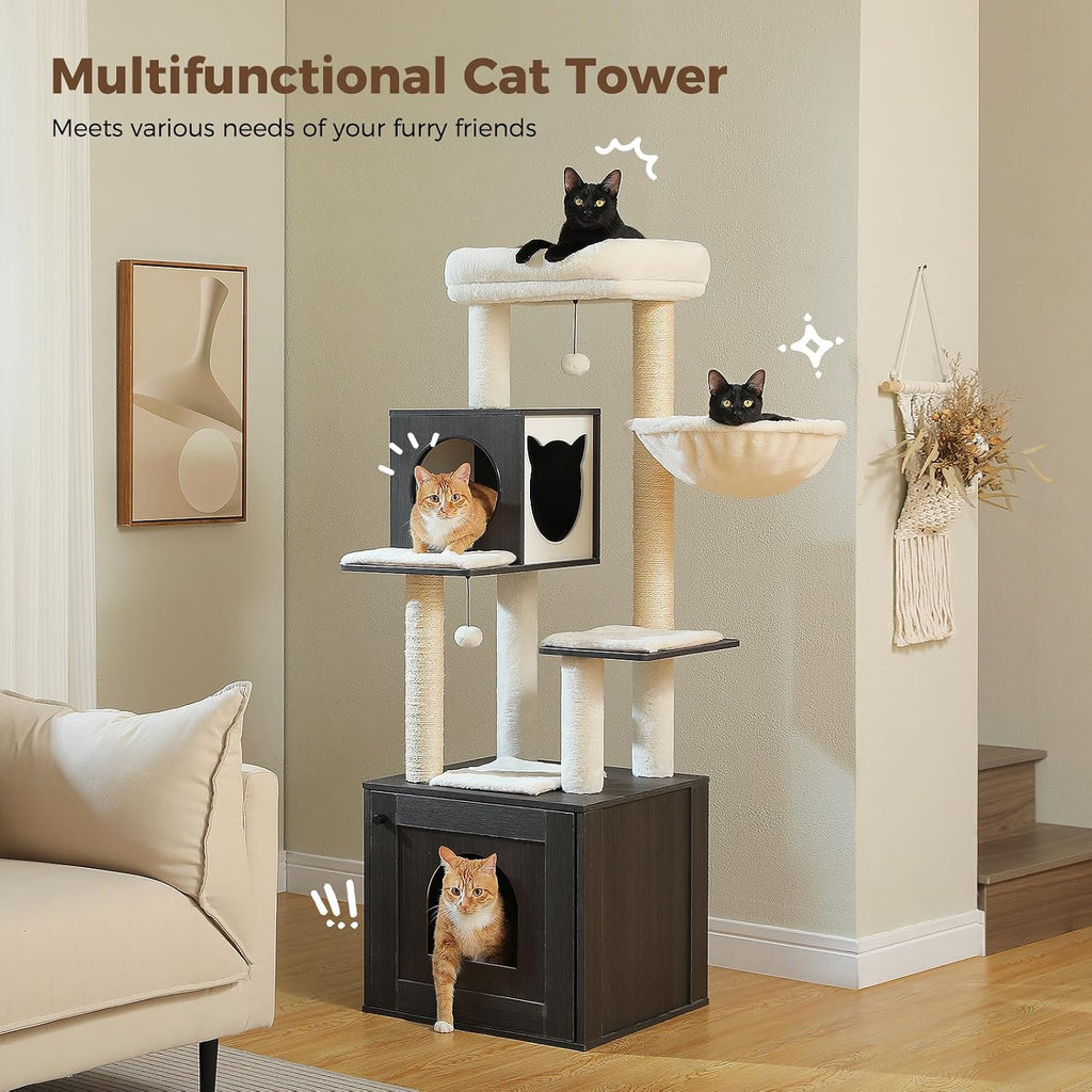 57.5" Cat Tree with Litter Box Enclosure for Large Indoor Cats