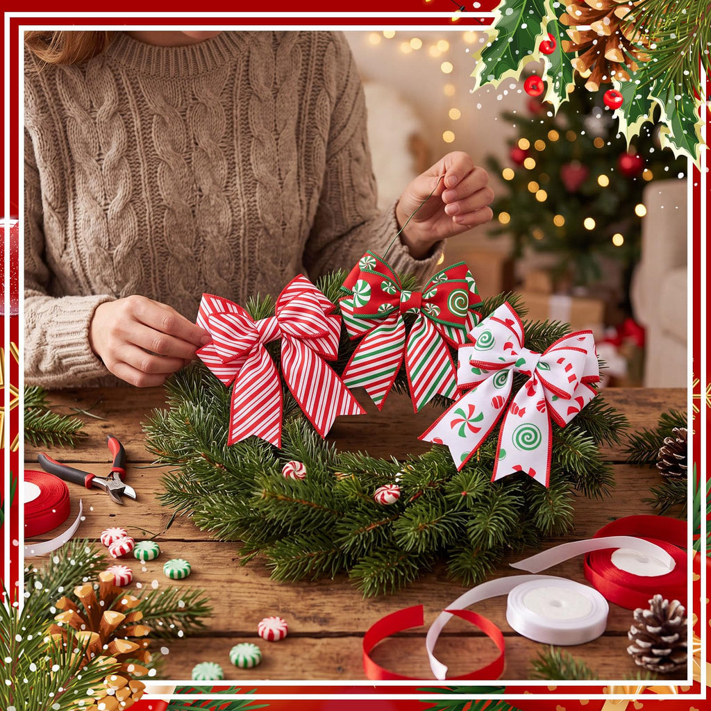 12 Rolls 60 Yard Candy Cane Christmas Wired Ribbon for Wreath Craft