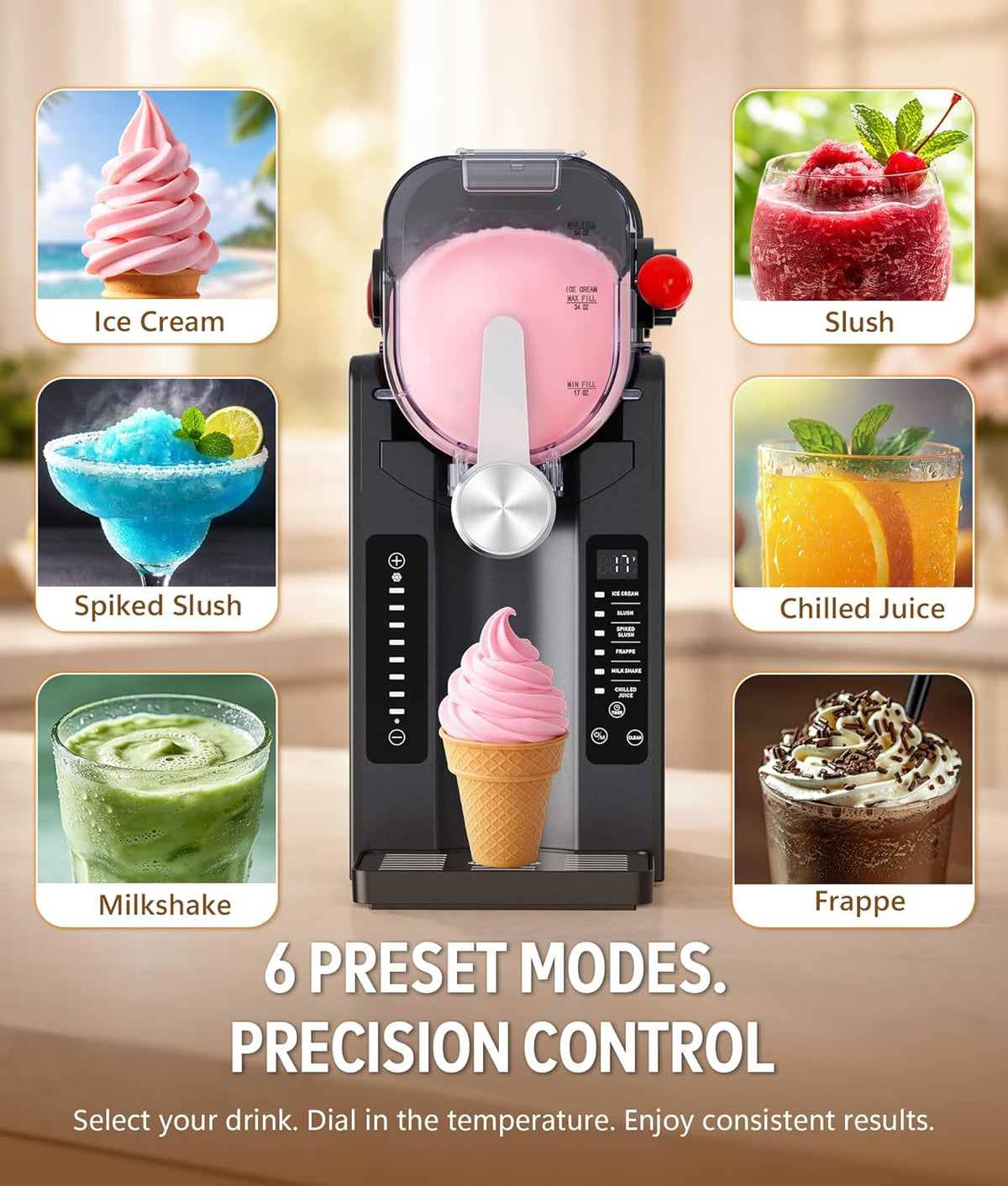 Slushie Machine: No Ice Needed Slushy Machine for Home, 6 Preset, Real-Time Temp Display, Auto-Clean | Frozen