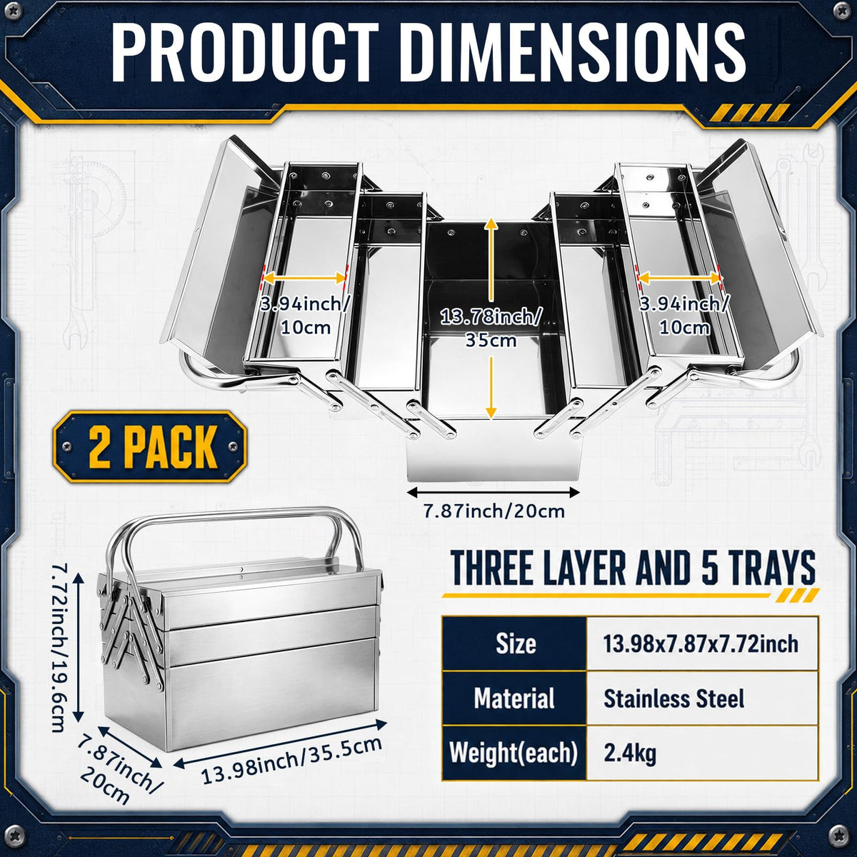 2 Pack Metal Cantilever Tool Box 3 Layer 5 Tray Folding Toolbox