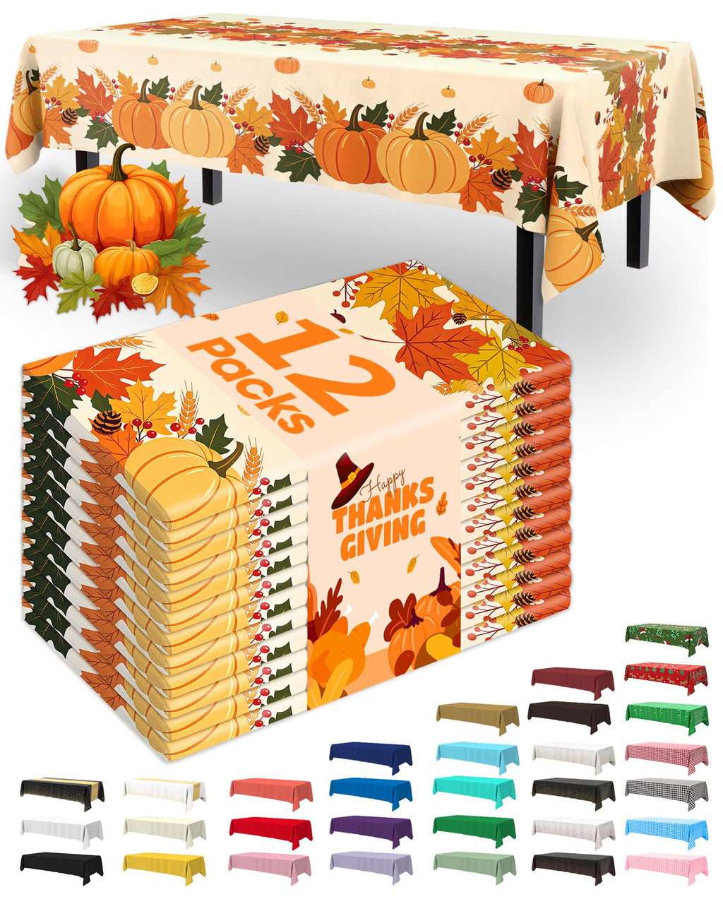 Fall Disposable Plastic Table Cloth 12 Pack Pumpkin Harvest