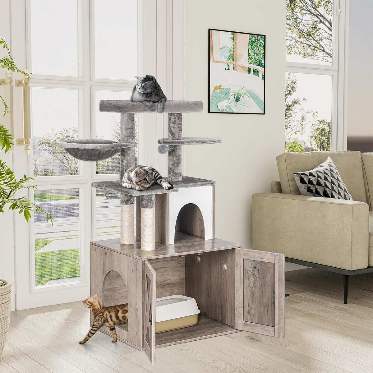 Cat Litter Box Enclosure with Tree Tower and Condo, Hidden Washroom Furniture with Sisal Scratching Post and Soft