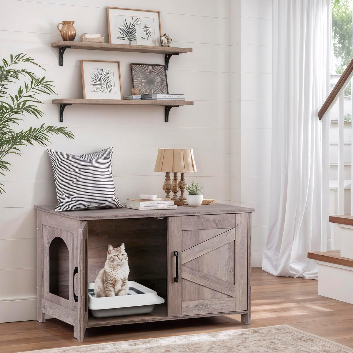 Cat Litter Box Enclosure, Litter Box Furniture Hidden, Wooden Litter Cabinet with Divider, Farmhouse Style Cat