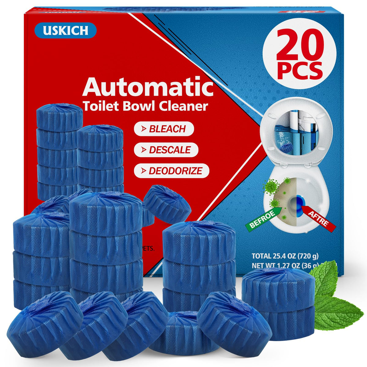 20 Pack Toilet Bowl Cleaner Tablets,Blue Automatic Toilet Tank Cleaners, Long-Lasting Household Toilet