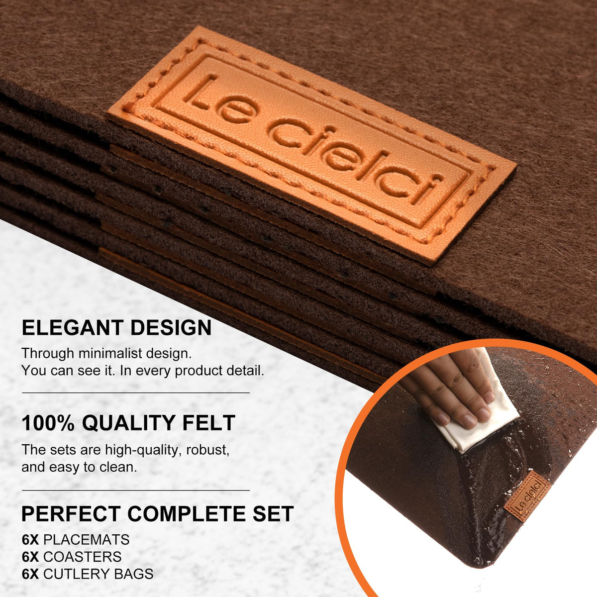 6 Placemats, 6 Coasters & 6 Cutlery Bags, Brown Felt Table Mats