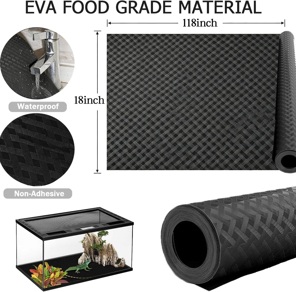 118" Non-Adhesive Reptile Tank Carpet for Bearded Dragon, Black