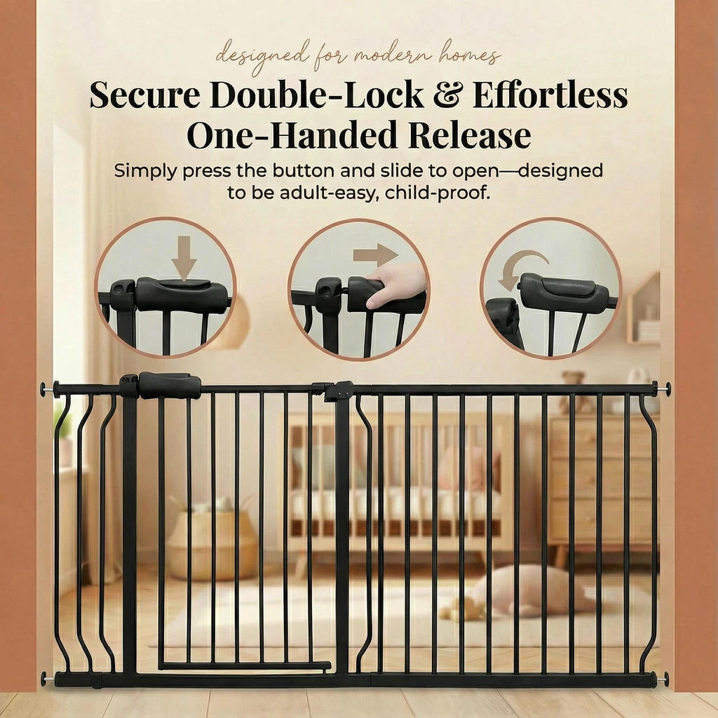 85.8-105" Extra-Wide Adjustable Hardware/Pressure-Mounted Pet & Child Safety Gate with Dual-Lock Walk-Through Swing Door for Stairs, Hallways & Wide Doorways