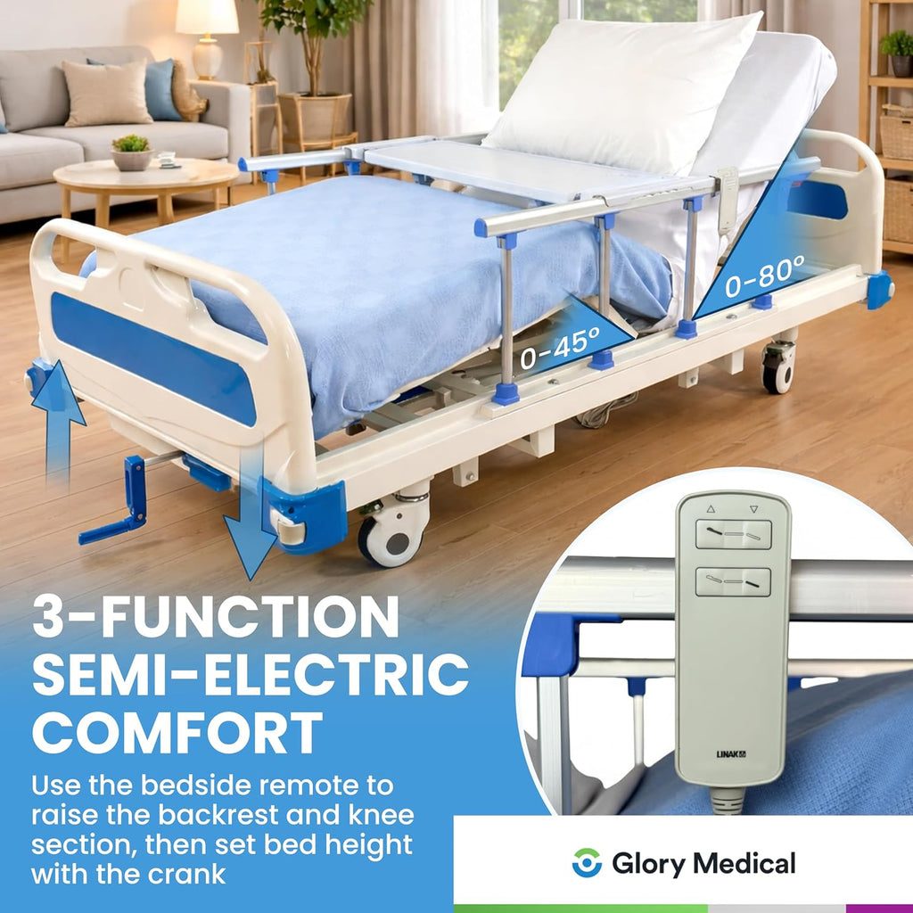 GloryMEQ Point A Tech PAM‑3SE Semi‑Electric Hospital Bed – 3‑Function Adjustable Home‑Care Bed with Bedside Controls