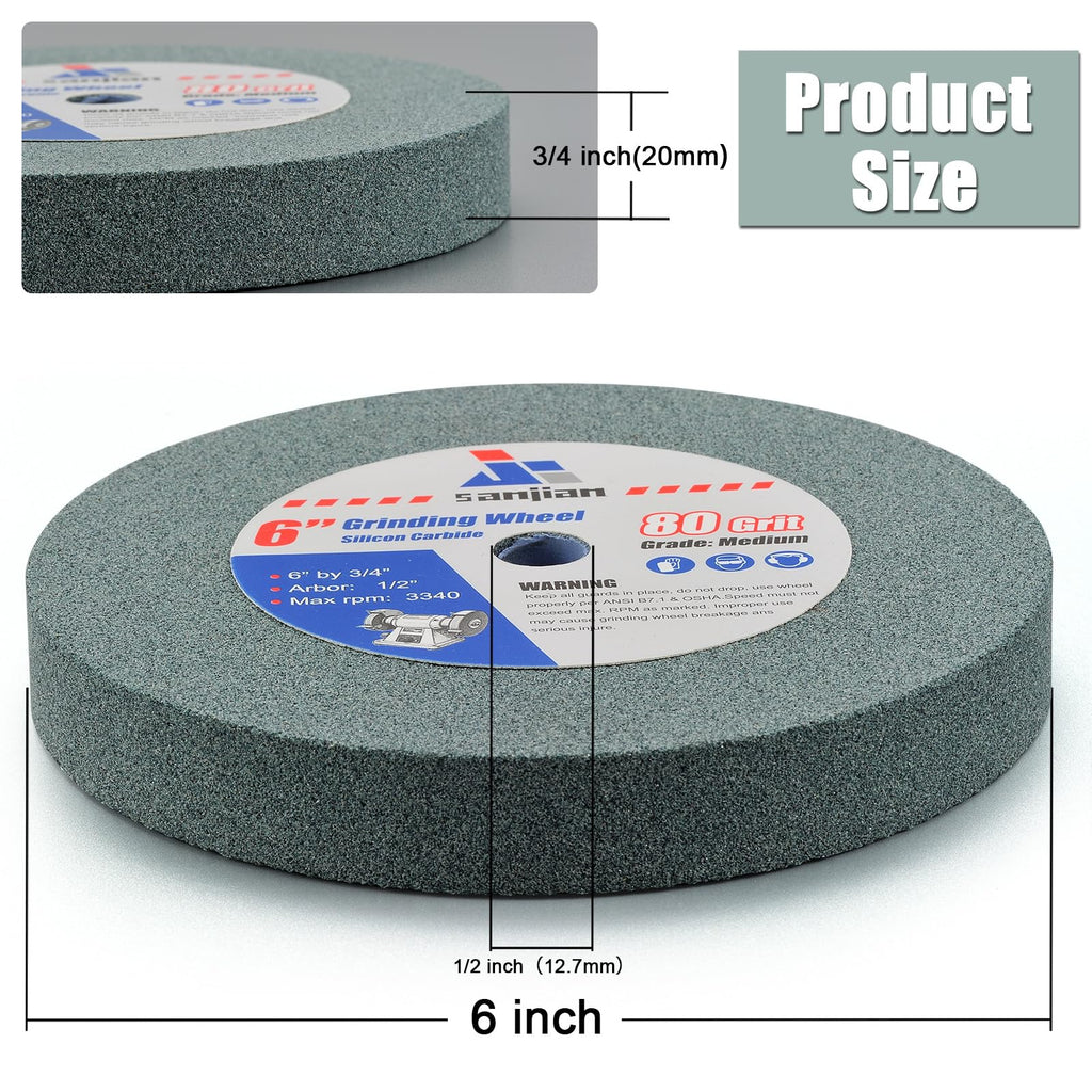 6” Bench Grinder Wheel 80 Grit, Silicon Carbide for Bench Pedestal Grinder