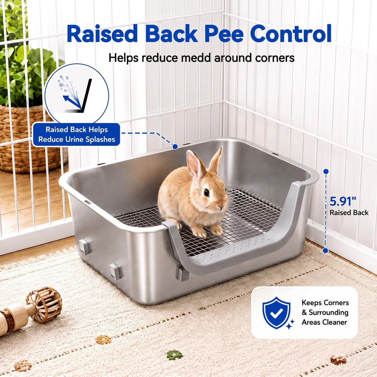 Rabbit Litter Box, 15.75" Large Stainless Steel Bunny Pan, Low Entry Corner
