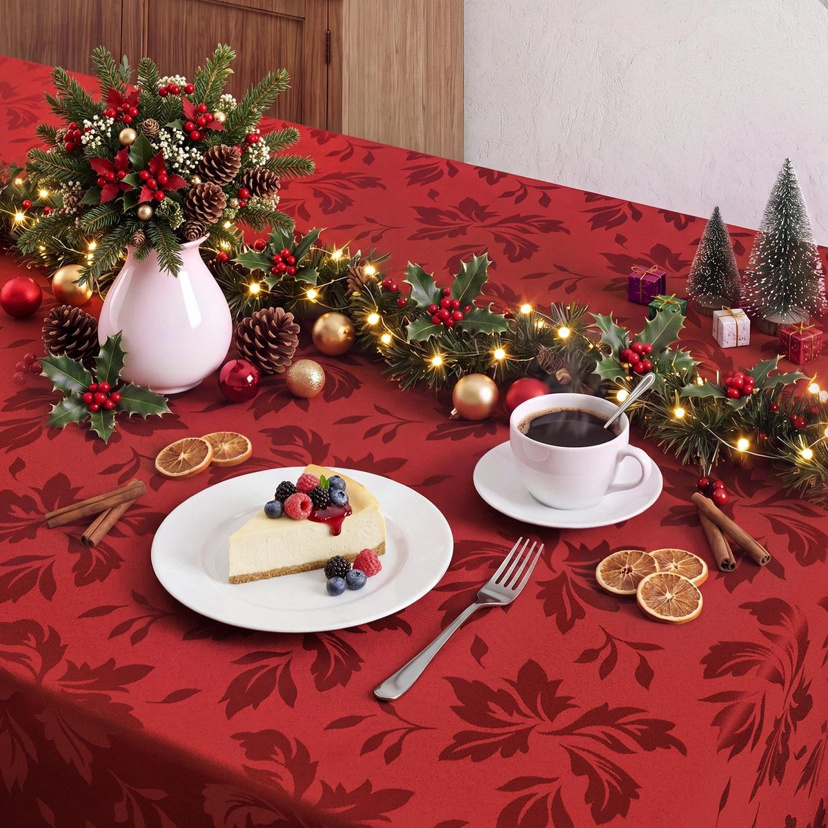 Christmas Jacquard Rectangle Tablecloth 60 x 84 Inch, Red