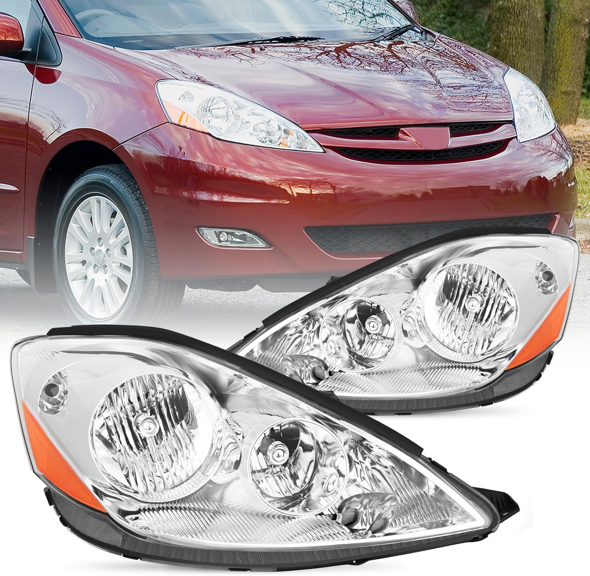 Nilight Headlight Assembly Compatible with 2006 2007 2008 2009 2010 Toyota Sienna Chrome Housing Amber Reflector Clear Lens Headlights Replacement Driver and Passenger Side