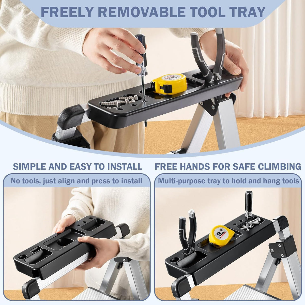 4 Step Ladder, Retractable Handgrip Folding Step Stool with Anti-Slip Wide Pedal, Aluminum Stool Ladders 4 Steps