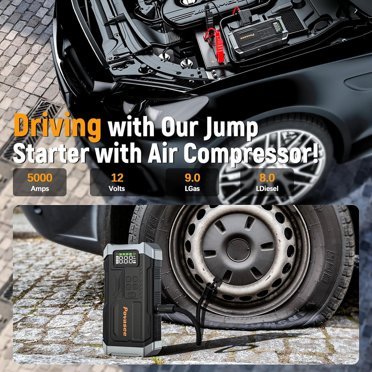 [2026NEW Model] 5000A Jump Starter with Air Compressor,Car Jumper Starter Portable with 150PSI Tire Inflator 12V Jump
