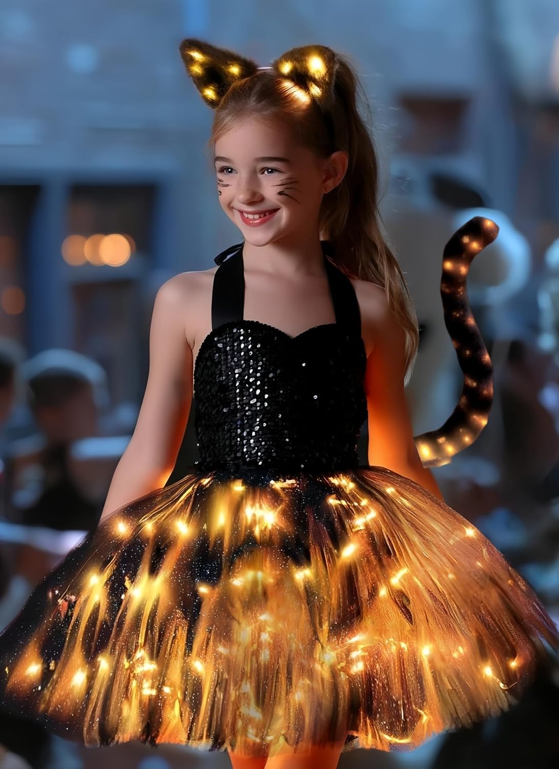 Girls Black Cat TuTu Tulle Dress Animals Cat Costumes LED Light Up Halloween Outfit Playwear With Tail Ear