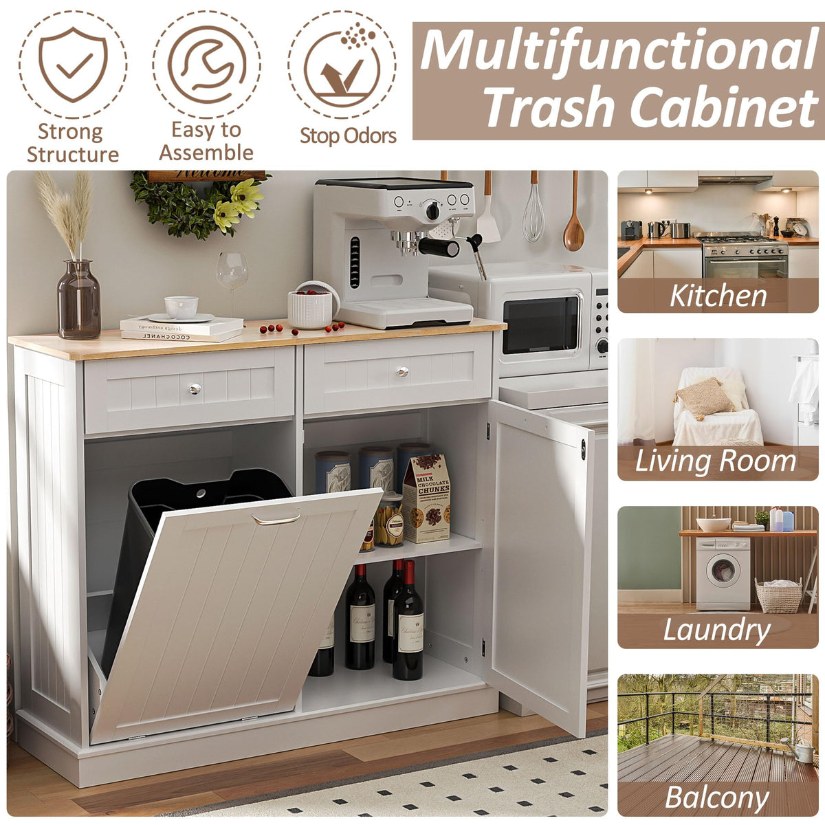 13 Gallons Tilt Out Trash Can Cabinet Hidden Kitchen Trash Can, White