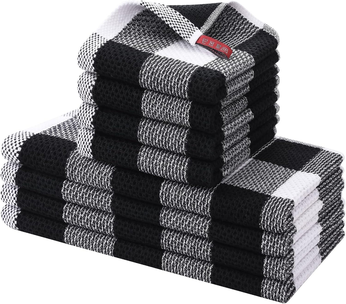 Kitchen Towels and Dishcloths Set, Set of 8, White & Black | Bulk Cotton Waffle Weave Check Plaid Kitchen Towels