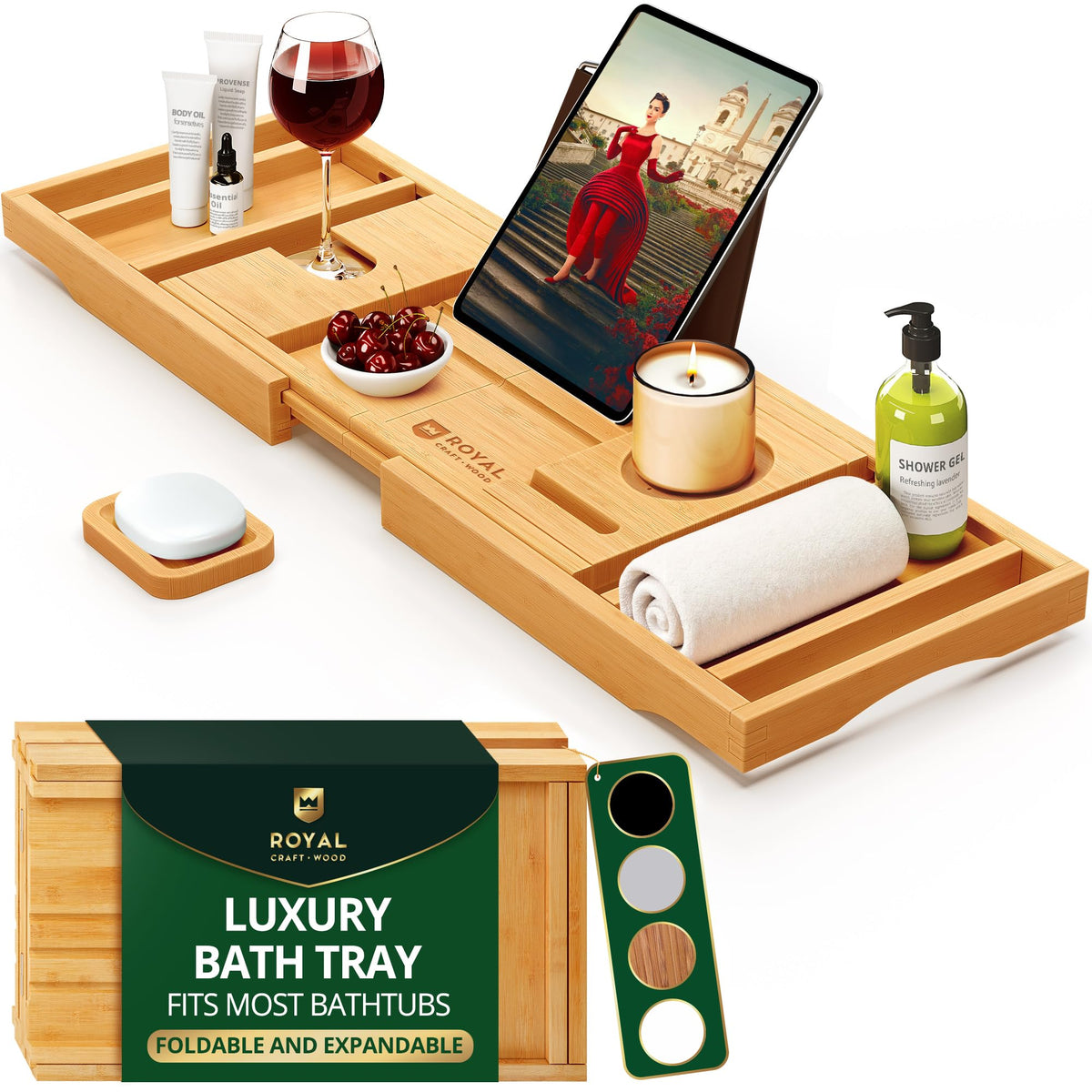 Premium Foldable Bathtub Tray Caddy - Wood Bath Tray for Tub, Bamboo Shelf, Expandable Bath Table Trays, Bathtub &