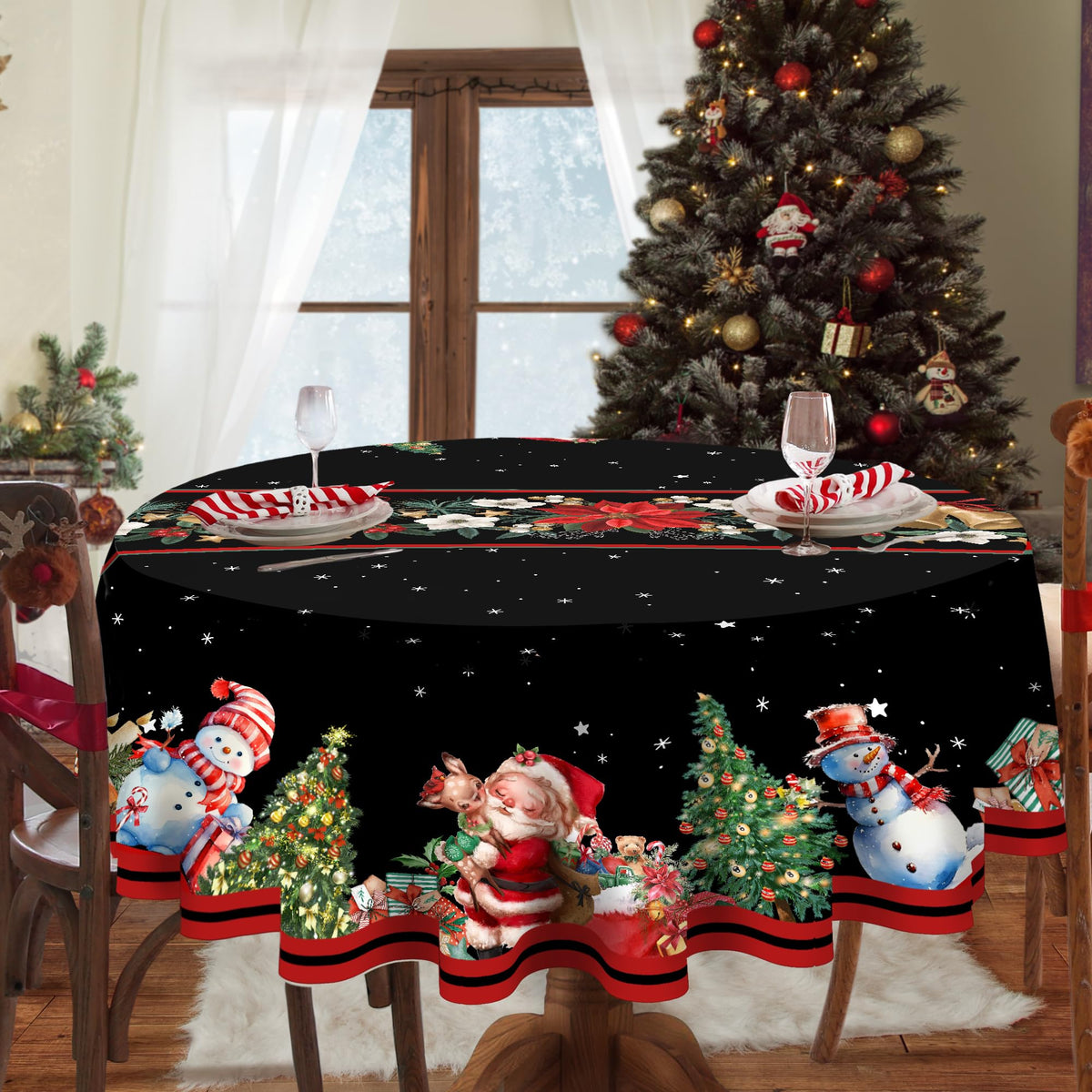 Christmas Round Tablecloth 60 Inch, Christmas Table Decorations Table Cloth for Round, Xmas Santa Tablecloths