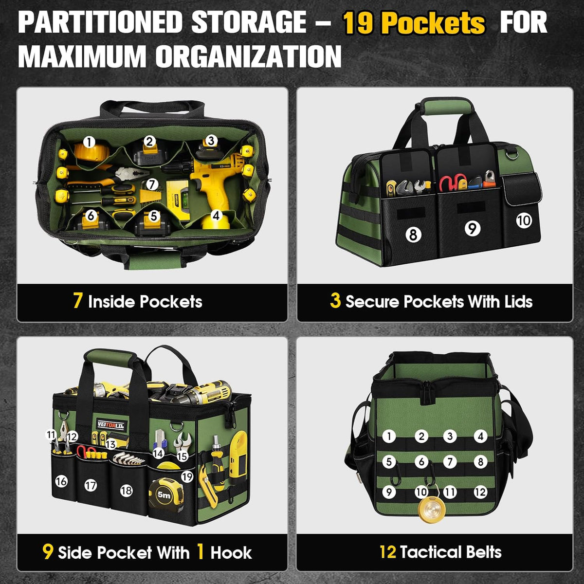 16-Inch Heavy Duty Tool Bag, 19-Pockets Tool Box Organizer, Portable Toolbag W/Soft Handle for Organized Storage