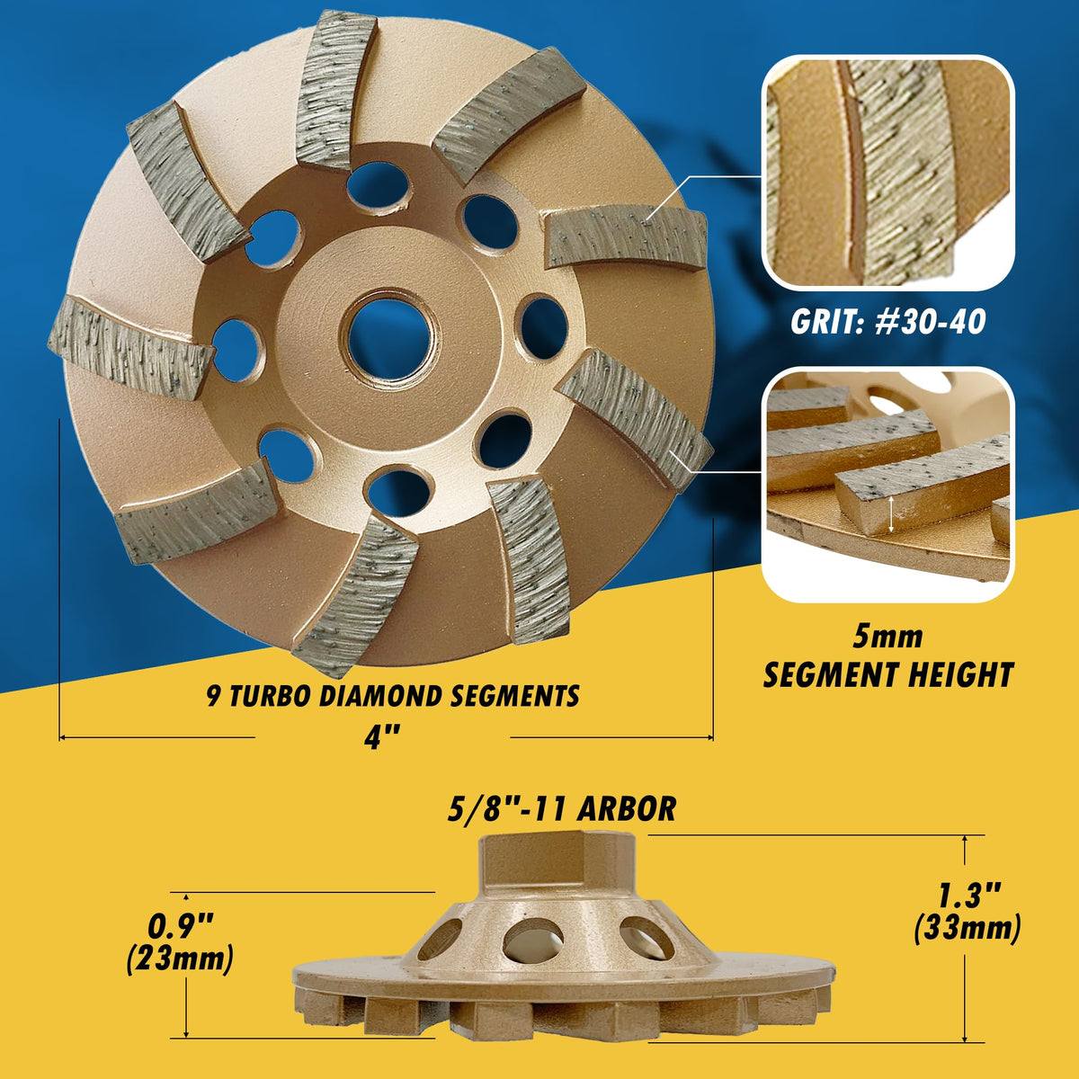 4" Diamond Grinding Wheel for Concrete Masonry 9 Segments 5/8"-11