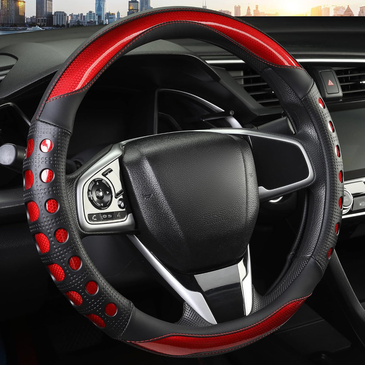 PU Leather Car Steering Wheel Cover with Anti-Slip Grip, for Women and Men, Universal Fit for 14.5-15 Inch Cars