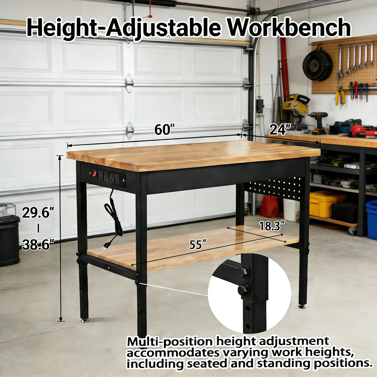 60 Inch Adjustable Height Workbench Garage Work Bench with Storage