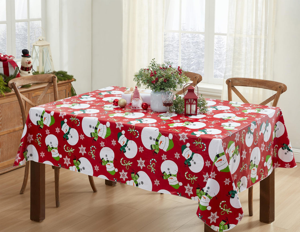 Christmas Red Swirling Snowman 52x70 Rectangle Vinyl Tablecloth