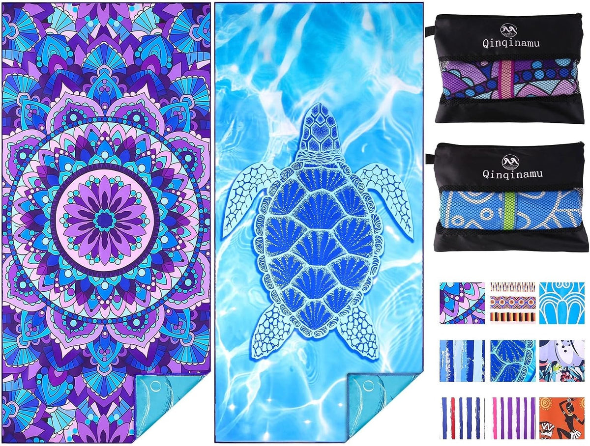 Microfiber Beach Towel with Bag Oversized 71x32 Sand Free 2 Pack | Thin Lightweight Extra Large Towels for Adults