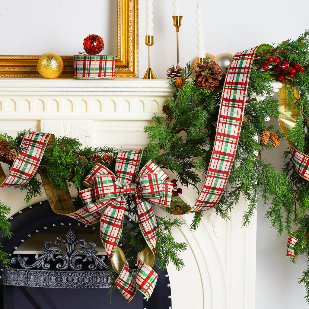 Red Green Plaid Wired Christmas Ribbon, Gold Metallic Back