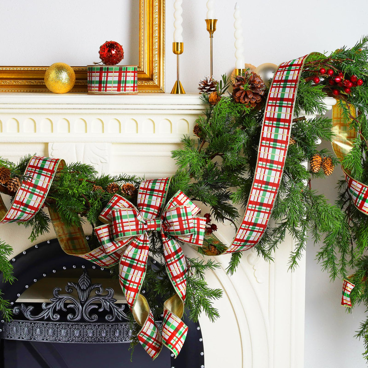 Red Green Plaid Wired Christmas Ribbon, Gold Metallic Back