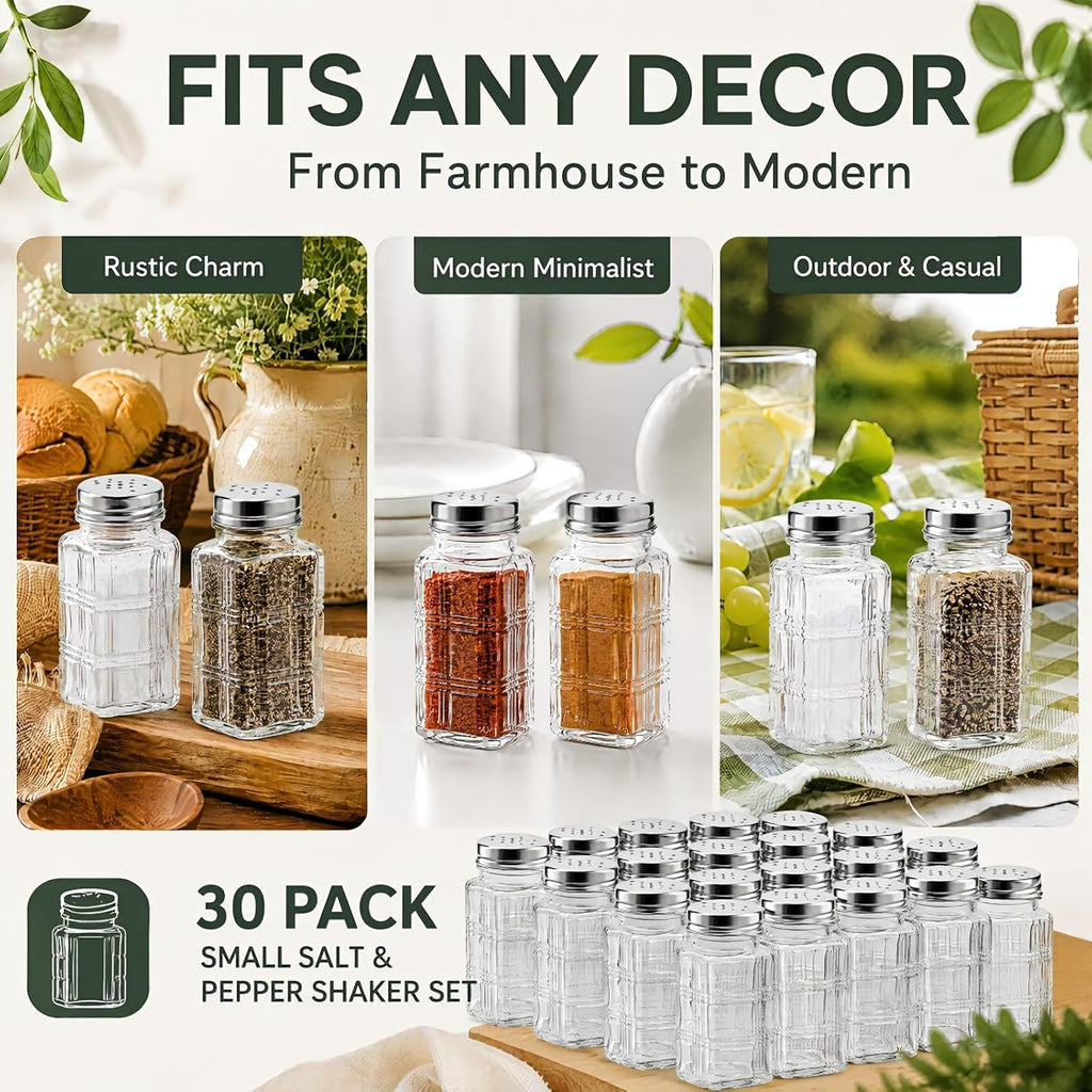 30 Pack Glass Salt and Pepper Shakers Set with Stainless Steel Lid