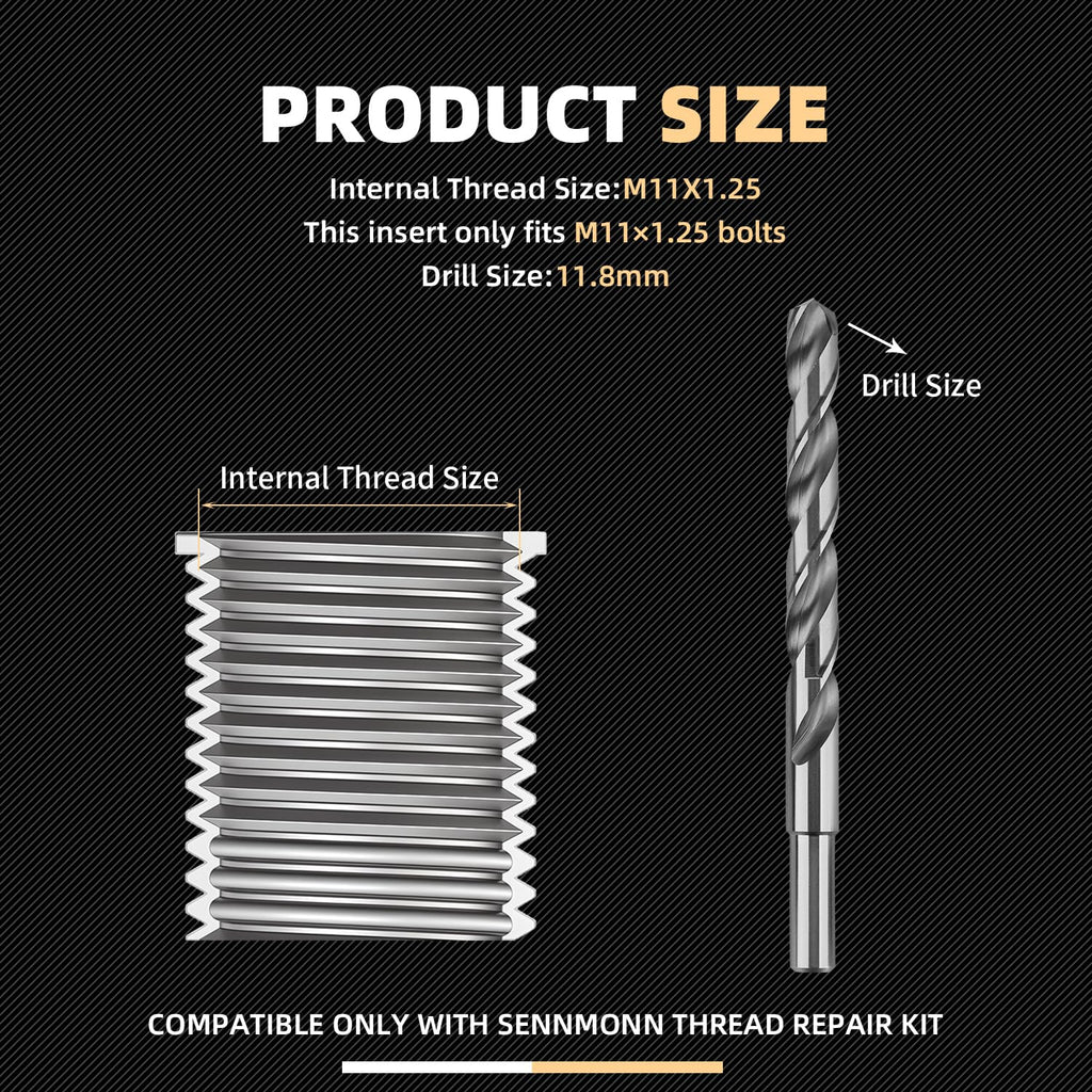 SENNMONN M11x1.25 Metric Thread Repair Kit with HSS Drill & Tap, Counterbore, Installation Driver, 10PCS M11X1.25X28.2MM 304 Stainless Steel Solid Inserts