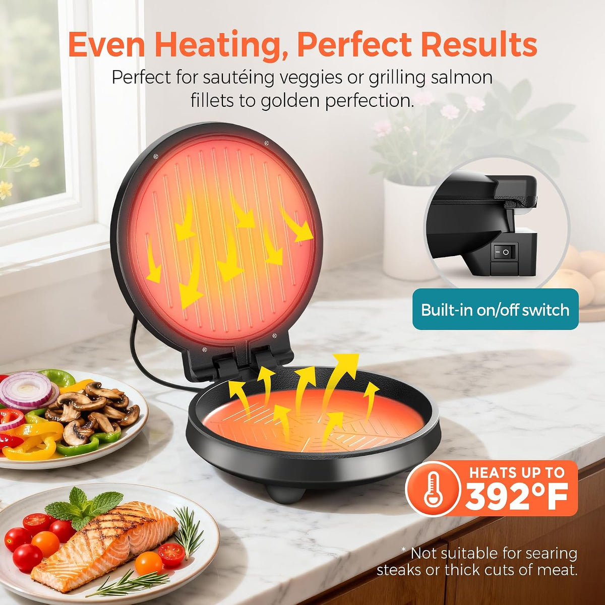 3-in1 Electric Griddle Nonstick & Sandwich Maker with On/Off Switch
