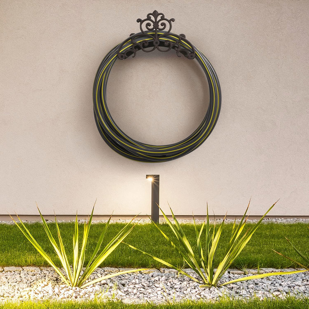 Brown Heavy Duty Cast Iron Outdoor Garden Water Hose Hanger | Wall Mounted Hose Reel with Vintage Scrollwork Design