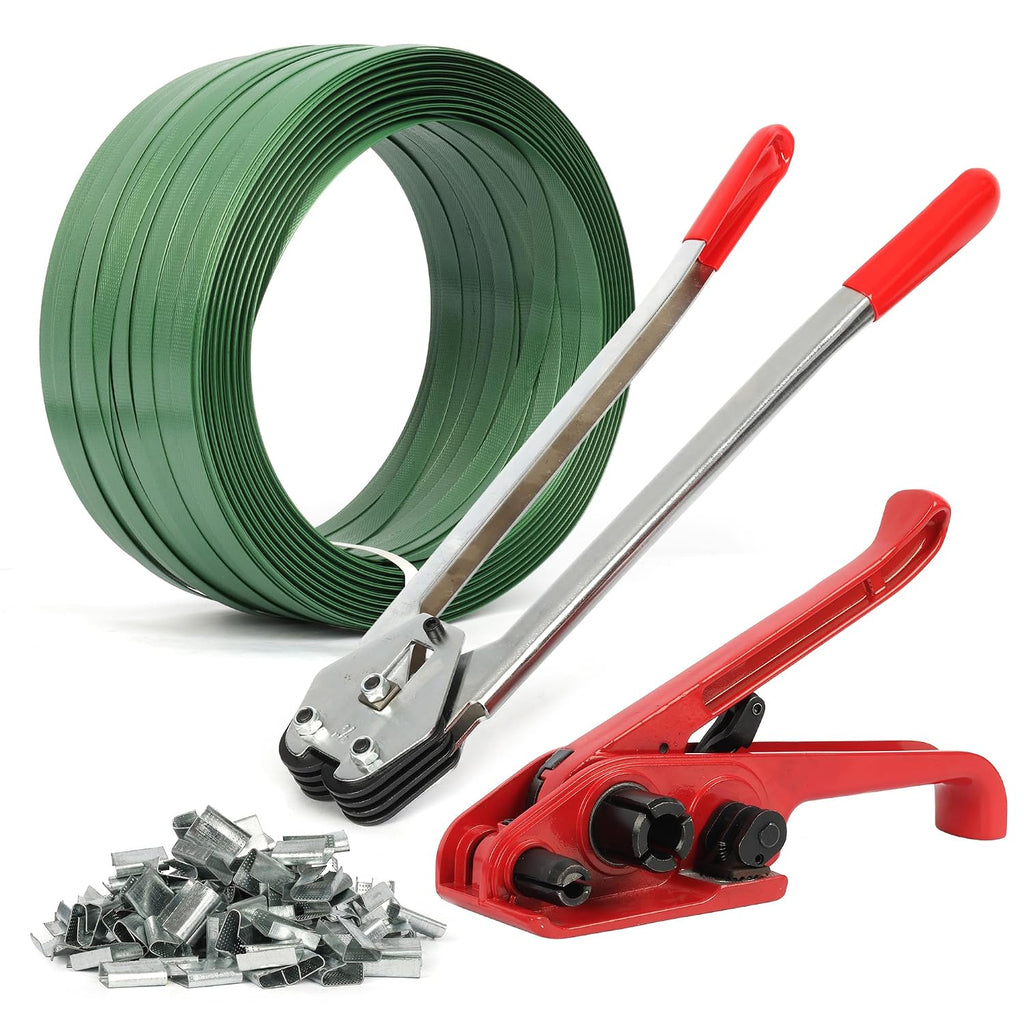 Heavy Duty Packing Strapping Tensioner Kit 150 Metal Seals, 5/8" x 0.031" x 820ft Polyester PET Strapping, Pallet